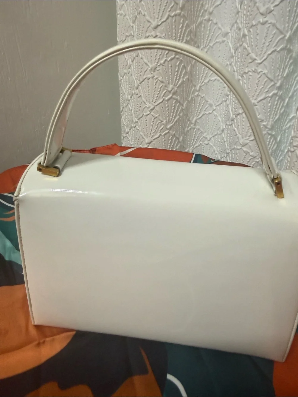 Classic White Patent Top-Handle Satchel with Gold Lock